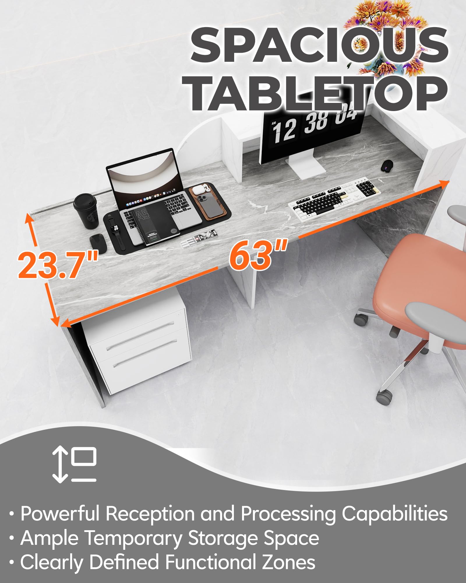 Bureau de réception en bois massif avec bandes lumineuses LED 160 cm Grain noir droit Capacité de 453,6 kg | Table de comptoir moderne pour la maison, le bureau, le hall, le magasin et le centre de