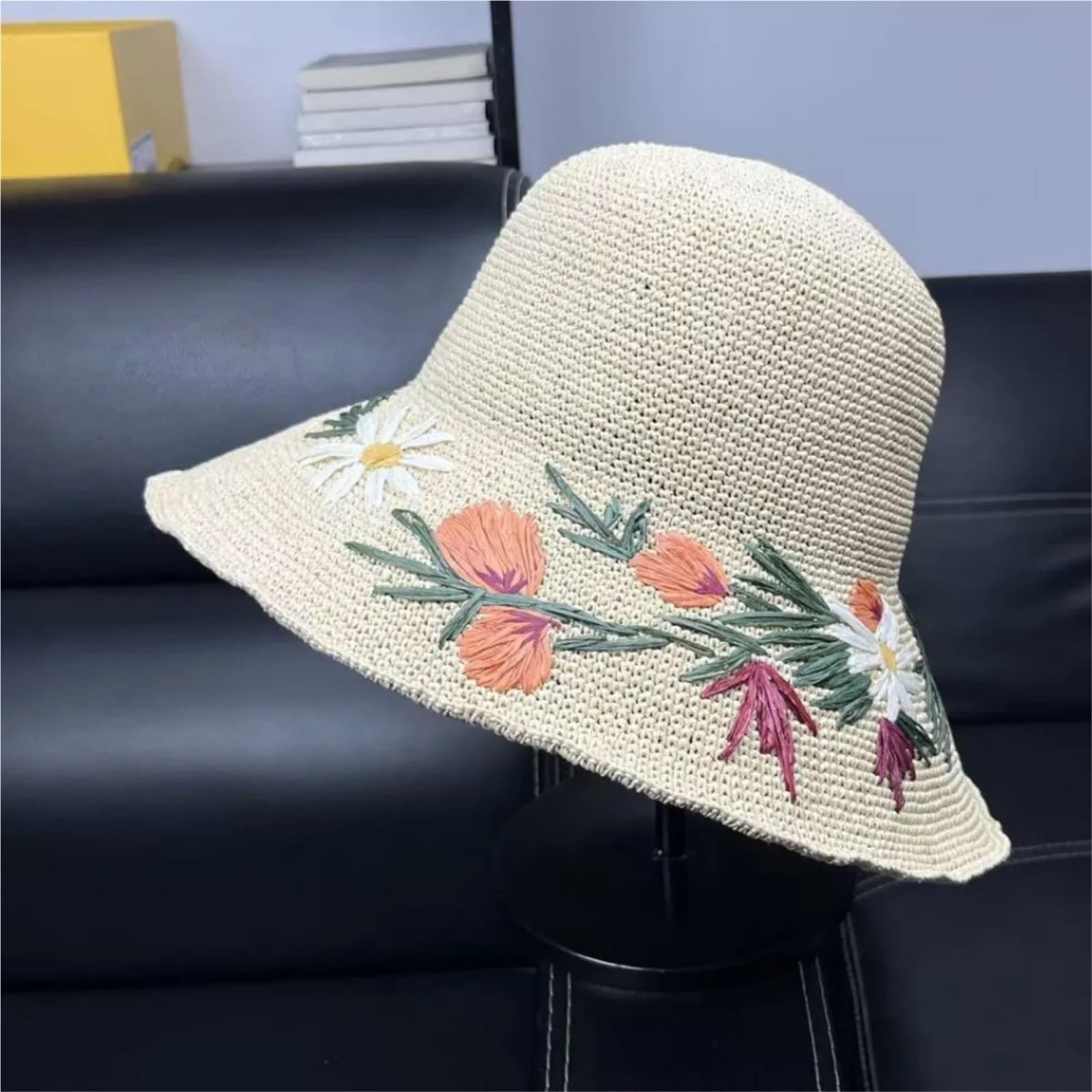 Sombrero de Paja Floral Bordado a Mano for Mujer Verano Viajes Vacaciones Playa Gorras Protección Solar para Viajes y Vacaciones