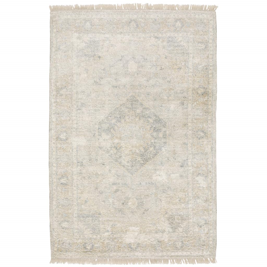 8 x 10 ft. Beige & Gray Oriental Hand Loomed Stain Resistant Rectangle Area Rug with Fringe