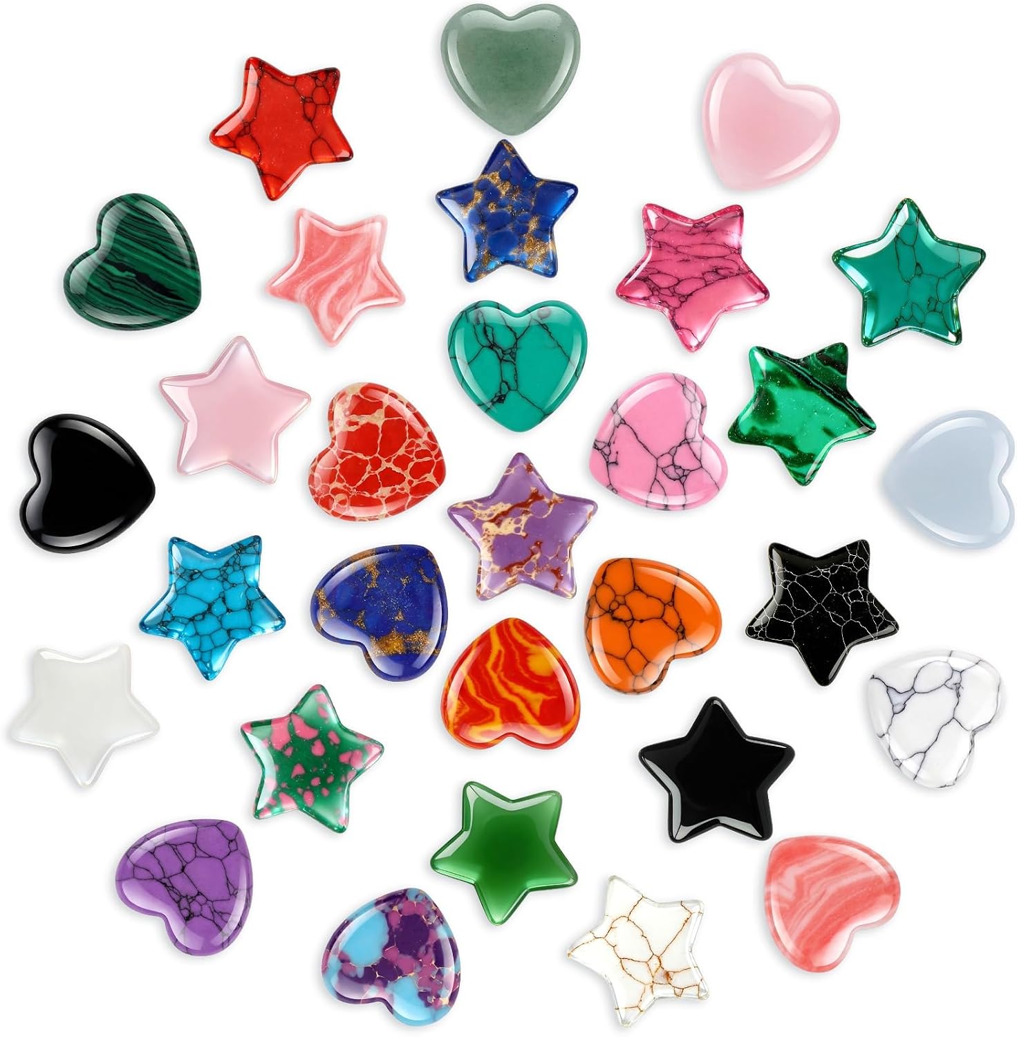 MARFOREVER 30-Piece Star and Heart Gemstones Set Star Decoration and Hearts Made of Healing Stones 20 mm Gemstone Lucky Charm Heart Set with Lucky Charms for Meditation Relaxation