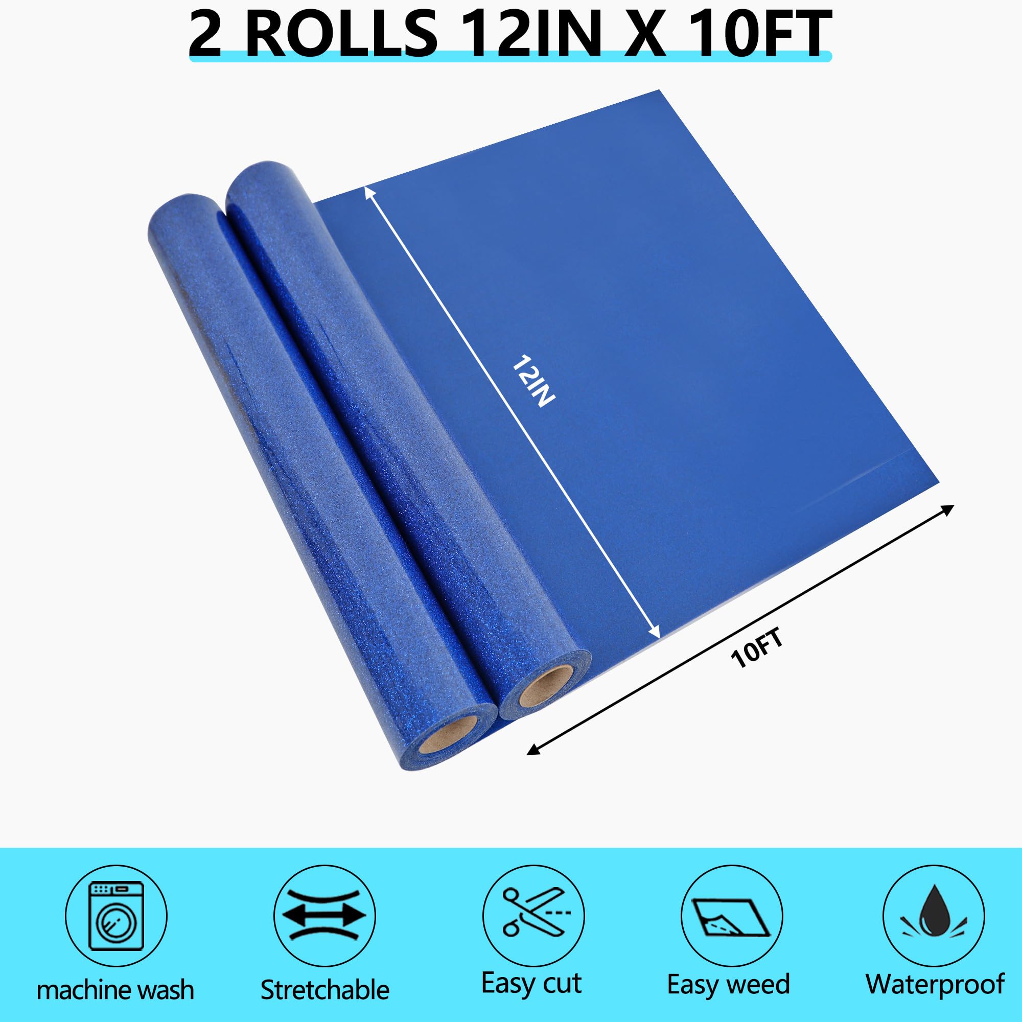 HTVVETUR Vinilo termotransferible con purpurina azul real, 2 rollos de vinilo termotransferible con purpurina para camisas, vinilo termoadhesivo para camisas, vinilo para planchar para camafeo, fácil