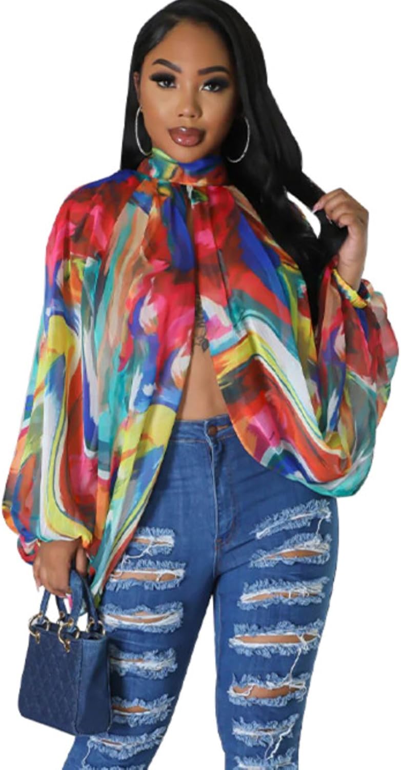 Sexy Tops for Women Party Club Night Batwing Sleeve Chiffon Sheer Self Tie Back Front Open Women Shirts Casual Summer