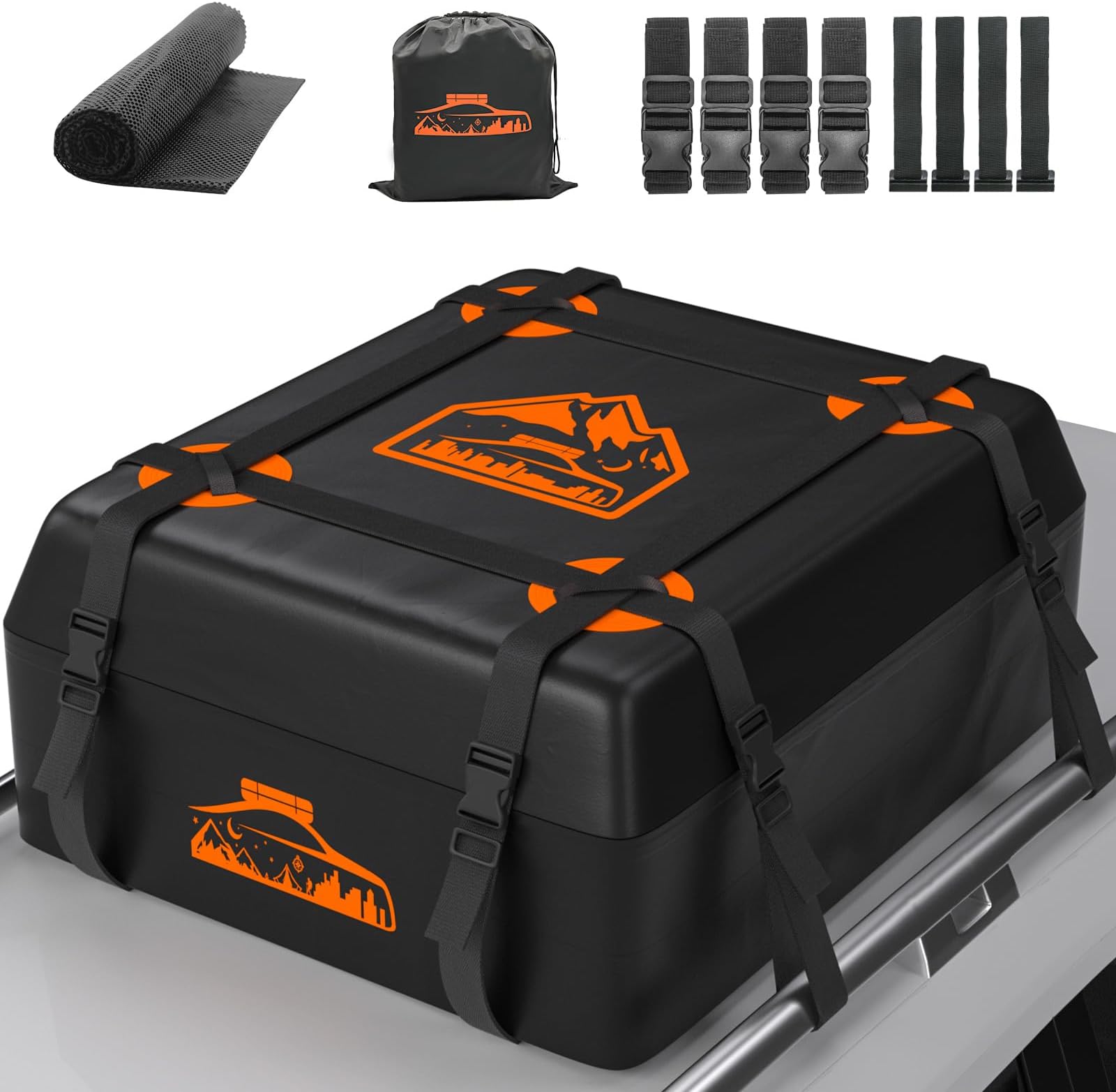 BOYUJK Car Roof Bag - 15 Cubic/425 L, Waterproof, No Rack Needed, Anti-Slip Mat & 6 Heavy-Duty Straps, Folding Soft Bag (Orange, 425 L)