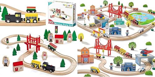 Tiny Land Paquete de tren de madera de 110 piezas con 39 piezas de tren de madera