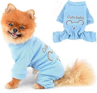 PAIDEFUL Small Dog Pajamas Cartoon Cute Stretchy Knitting Pjs Four Leg Pet Jammies Soft Comfortable Puppy Fall Winter Clothes Cat Pullover Sweater Jumpsuit Homewear, Blue, S