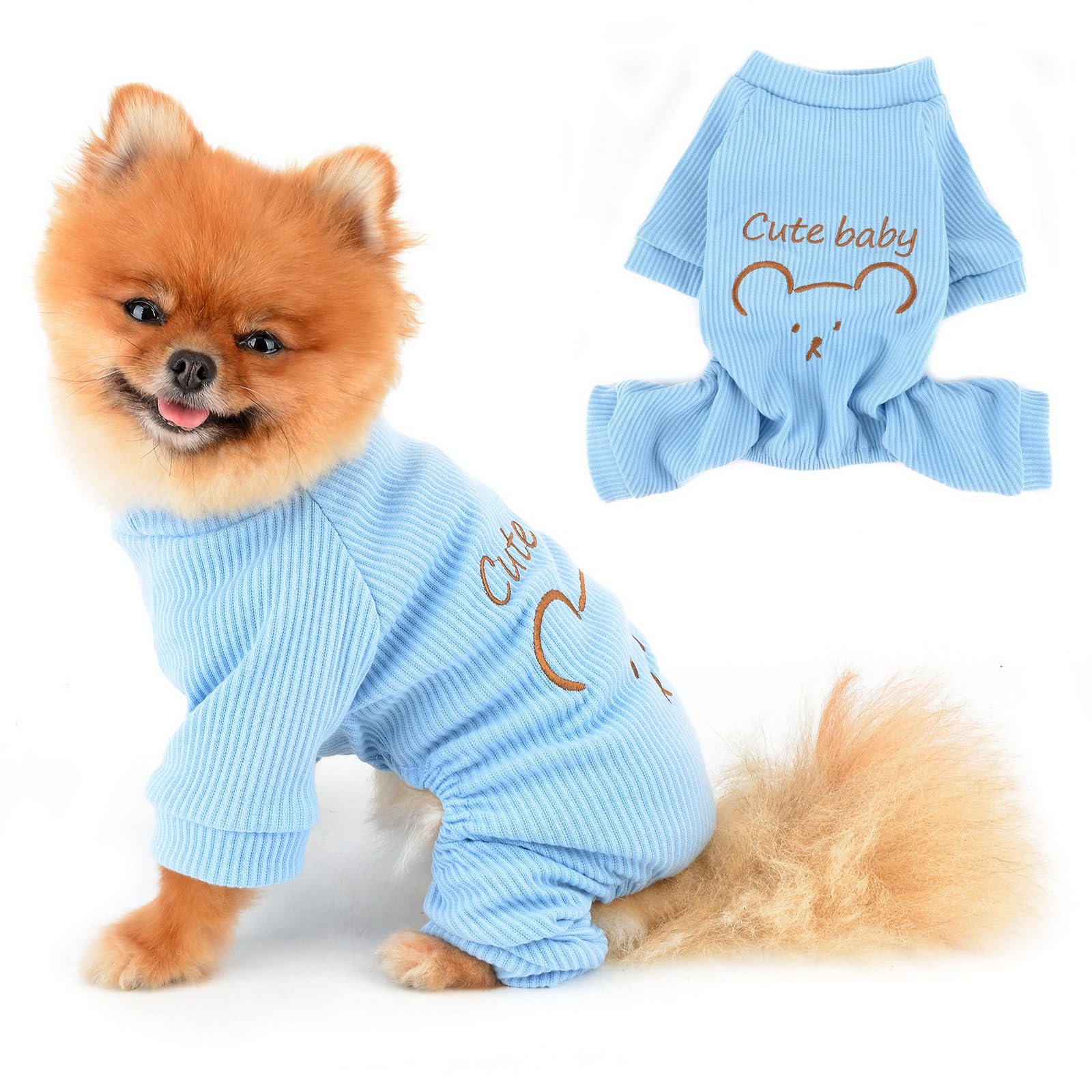 PAIDEFUL Small Dog Pajamas Cartoon Cute Stretchy Knitting Pjs Four Leg Pet Jammies Soft Comfortable Puppy Fall Winter Clothes Cat Pullover Sweater Jumpsuit Homewear, Blue, XXL