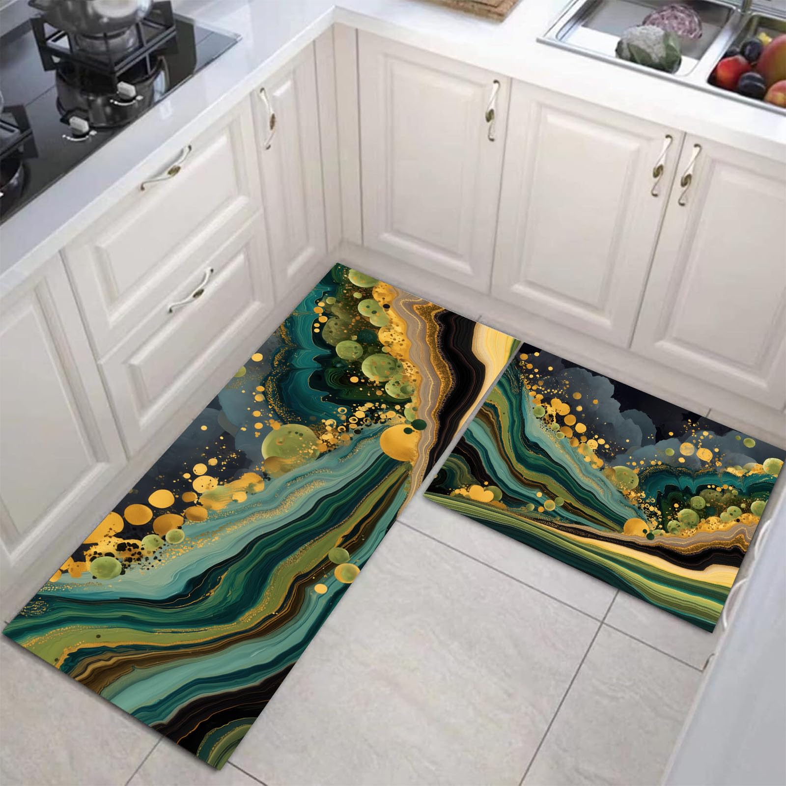 Tapis de cuisine marbre vert et doré moderne chic pour entrée raffinée lot de 2
