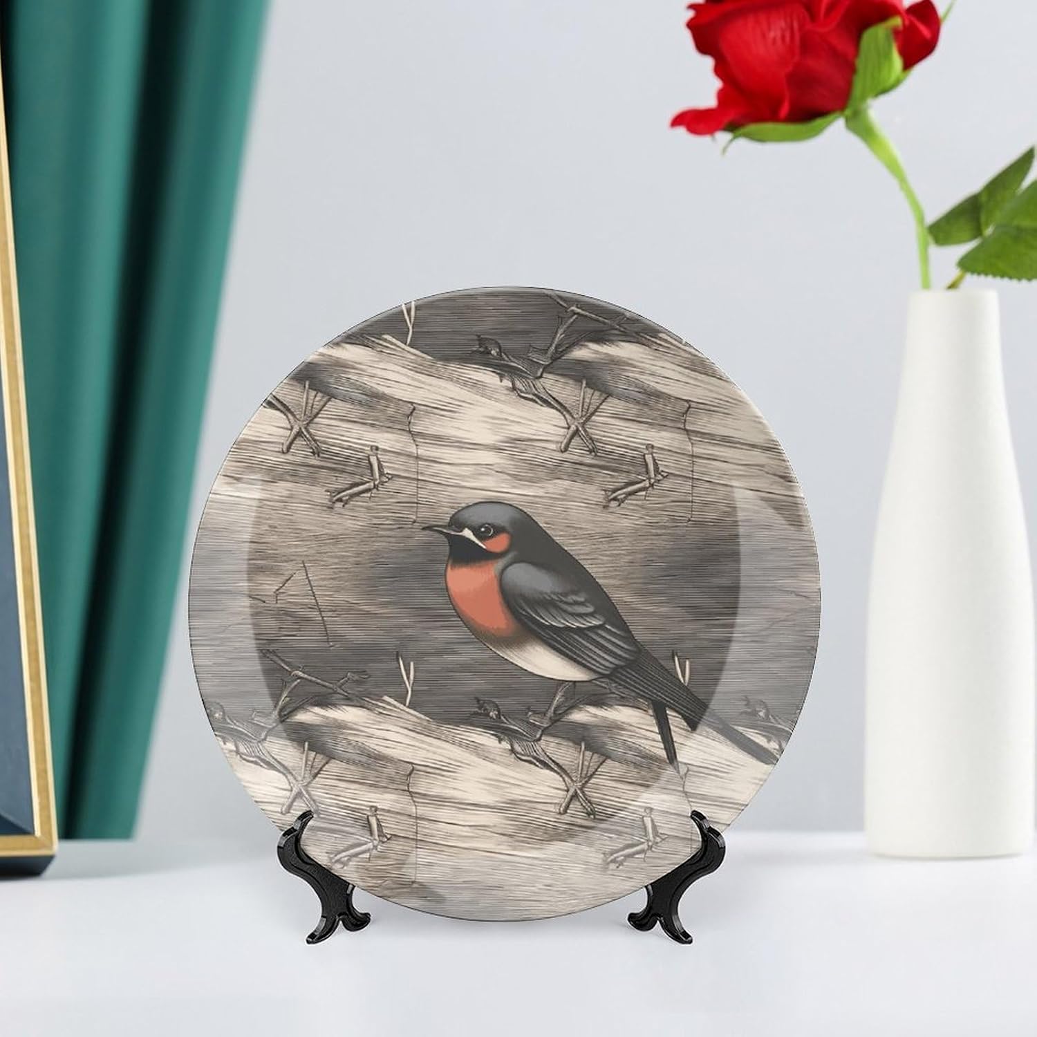 Barn Swallow in Graphite Bone China Decorative Plate with Stand, Ceramic Ornaments for Wall Hanging Decor, Porcelain Dinner Dish Decor Plates for Home, Office, Hallway, Table 8inch
