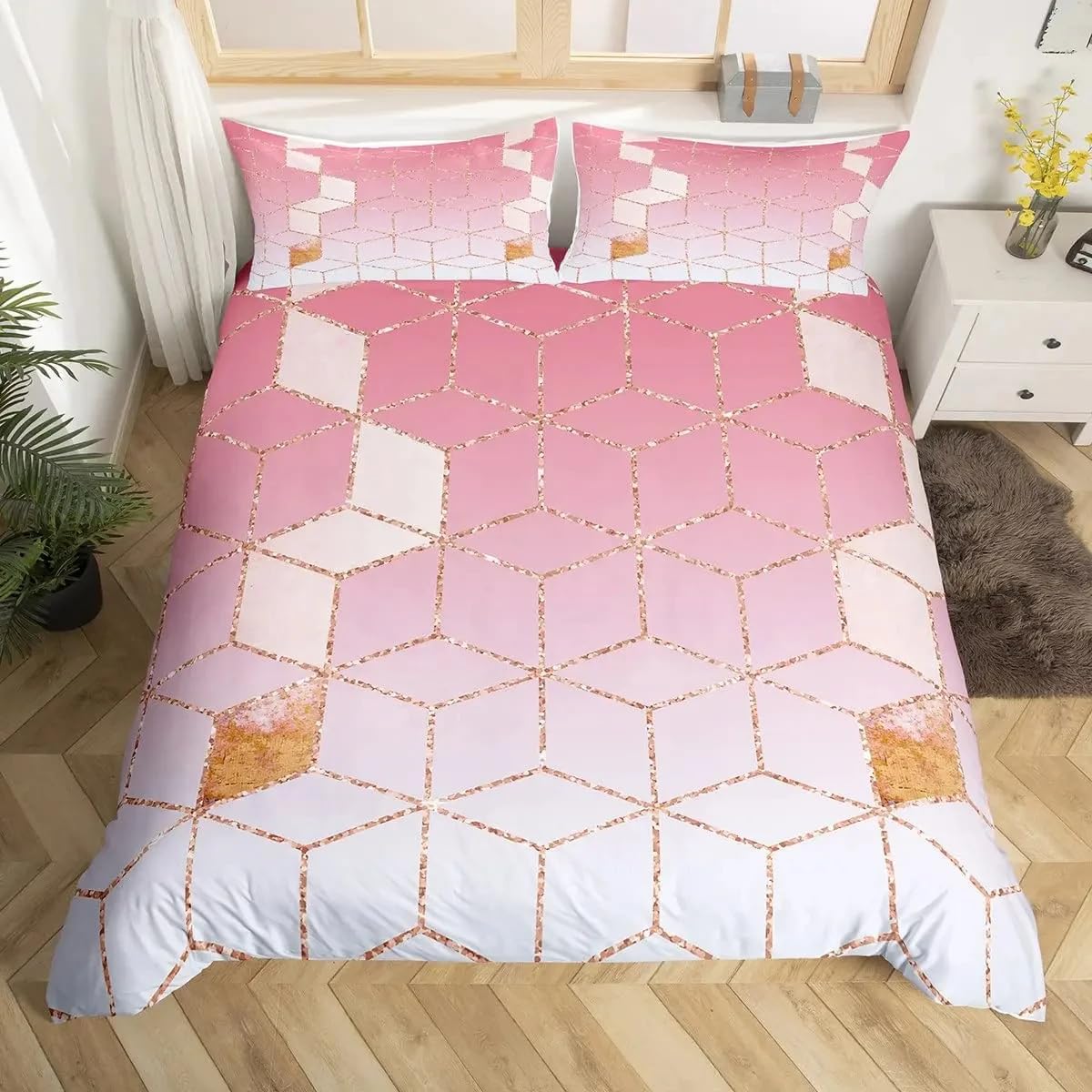 Housse de couette en marbre rose ombré et parure de lit au design esthétique haut de gamme