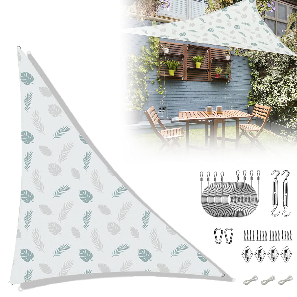 T&Q 420D Sun Shade Sail-Leaf print Large Triangle Waterproof 95% UV Block Durable Awning Machine Washable Perfect for Patio Balcony Canopy Outdoor Garden Backyard (3x3x3m)