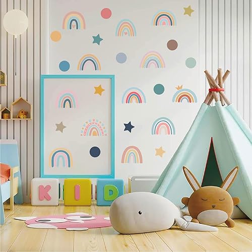 Miniatura 7 de Calcomanías de pared de arco iris, 76 piezas de vinilo extraíble impermeable para decoración de pared de estrellas bohemias para niños y niñas,