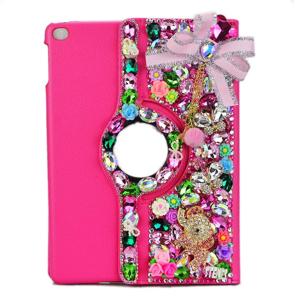 STENES Bling Case Compatible with iPad Pro 12.9 inch 2020 - STYLISH - 3D Handmade Crystal Bowknot Pompon Pendant Elephant 360 Degree Rotating Case with Smart Cover Auto Sleep/Wake Feature - Rose