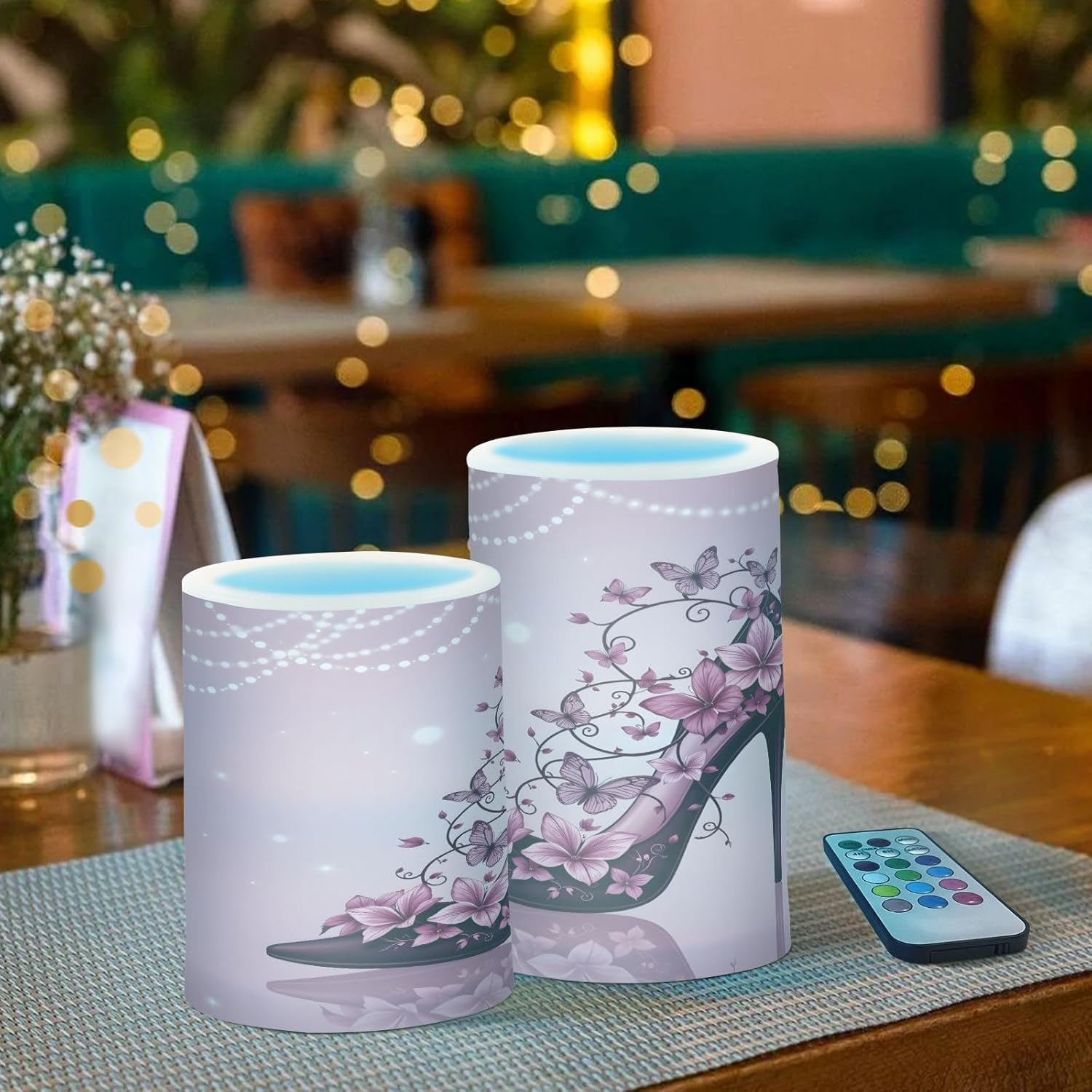 ALAZA High Heel Shoes Pearl Flickering Flameless Candles Pillar Led Candles Battery Operated Candles with Remote and Timers Set of 2