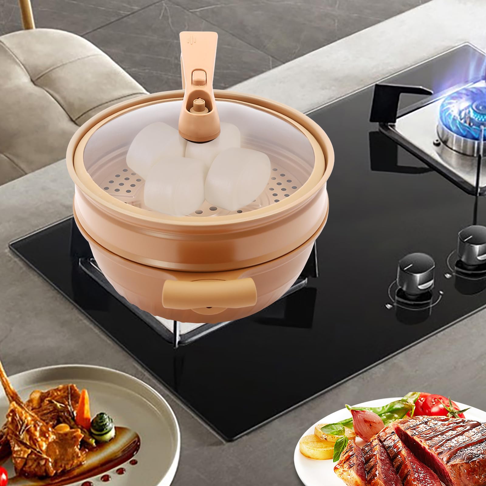 JAYGOVAN Microwave Pressure Cooker Multifunctional Pottery Clay Non-Stick Micro Pressure Pot with Basket&Spatula Steam Boil Bleach Fry Integrated Miniature Pressure Cooker for All Kinds of Stoves