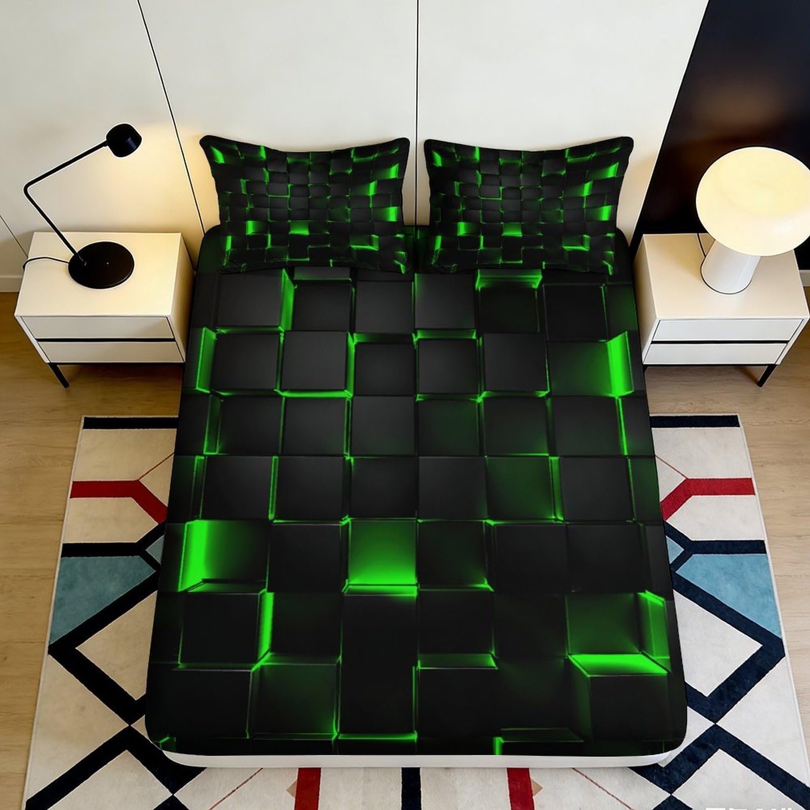 3D Printed Neon Geometric Fitted Sheet Microfiber Soft Black Green Cubes Mattress Cover Bedroom Decor 90x200x25cm