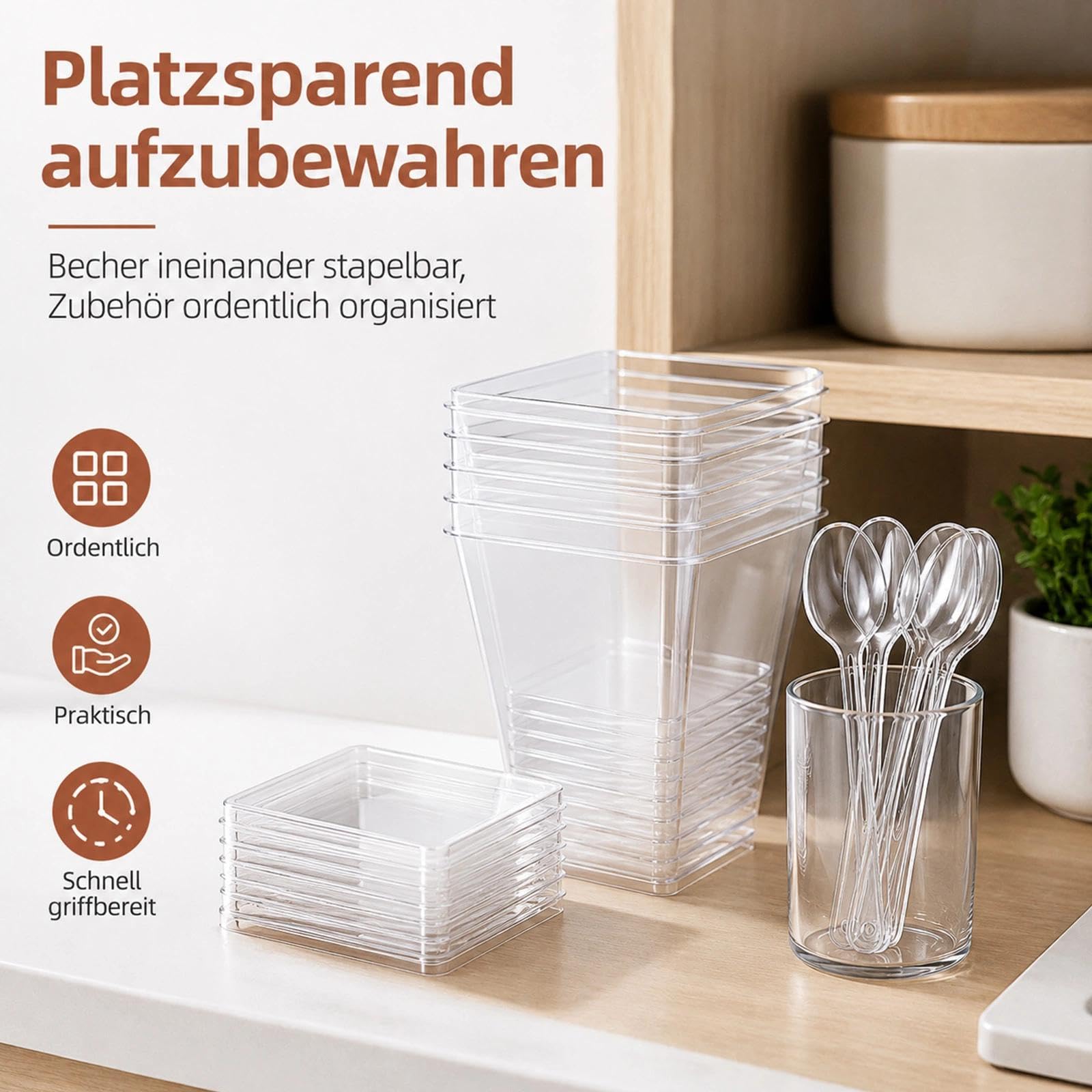 Hsxfl 30 vasos de postre de plástico, 150 ml, vasos de postre de plástico con cucharas, cuencos de postre transparentes, reutilizables, tazas de postre cuadradas para el hogar, postres, pudin