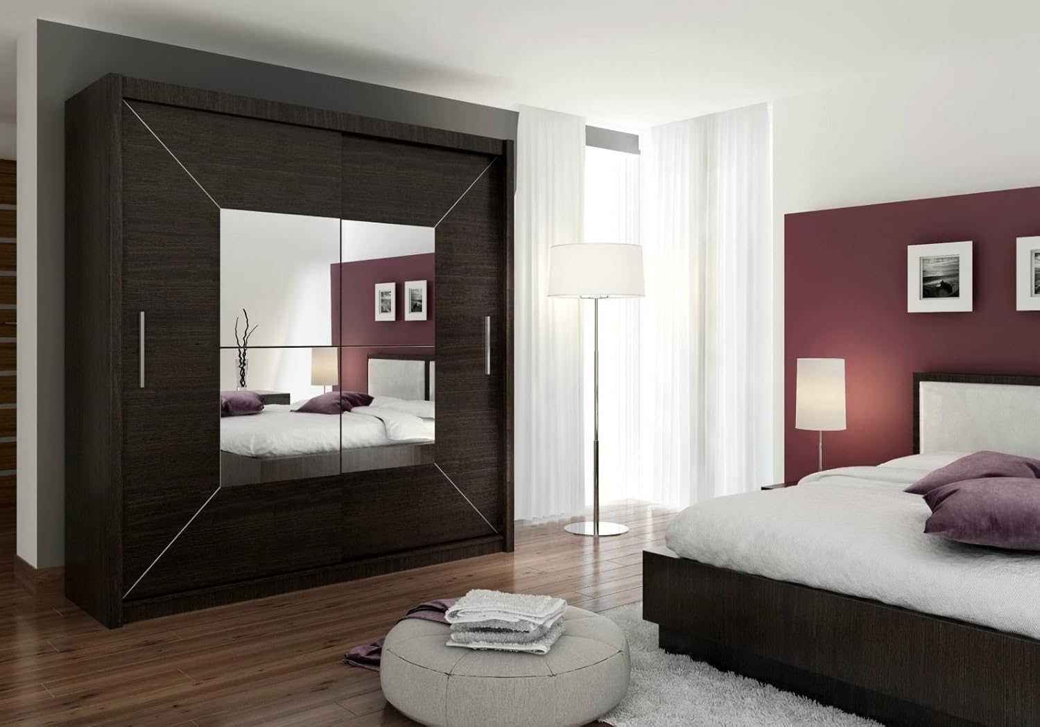 Mirrored sliding door wardrobe with Wenge outta frame free standing
