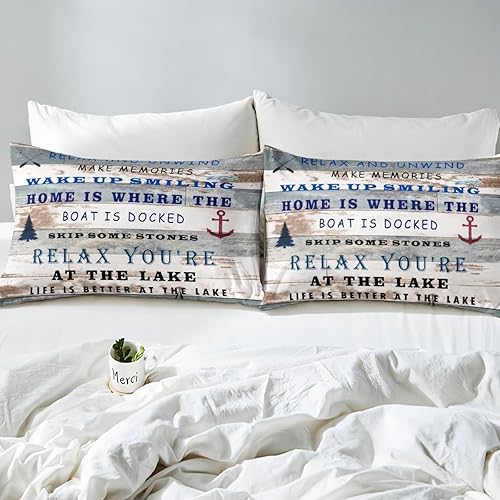 Miniatura 6 de Juego de edredón de tamaño individual con reglas del lago, juego de ropa de cama rústica para campamento, tablero de madera verde azulado, relleno