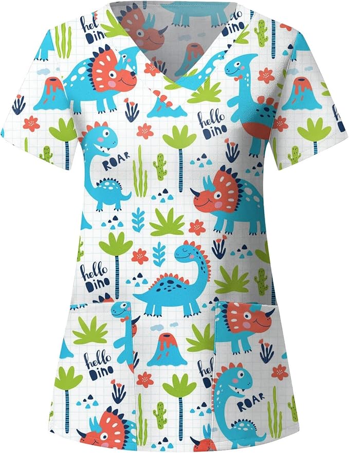 Amazon.com: Camiseta de uniforme de trabajo con 2 bolsillos para mujer, con  estampado bonito, manga corta, cuello en V, uniforme de trabajo : Ropa,  Zapatos y Joyería