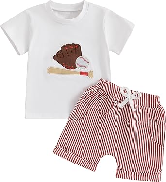 Giraropa Baby Boy Clothes Baseball Pattern Short Sleeve Infant Boy Outfits Striped Shorts Toddler Boy Summer Clothes 2pcs