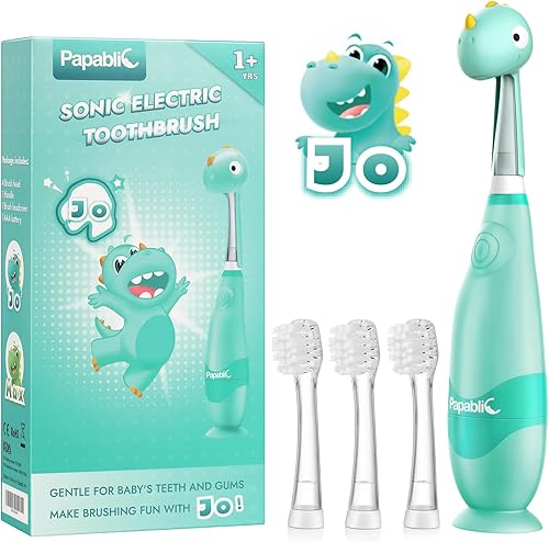 Papablic Cepillo de dientes eléctrico sónico para niños de 1 a 3 años, cepillo de dientes eléctrico para bebé con bonita cubierta de dinosaurio y