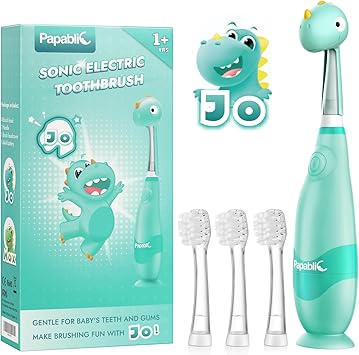 Papablic Toddler Sonic Electric Toothbrush Kids for Ages 1-3 Years, Baby Electric Toothbrush with Cute Dino Cover and Smart LED Timer, 4 Brush Heads Jo