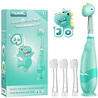 Papablic Toddler Sonic Electric Toothbrush Kids for Ages 1-3 Years, Baby Electric Toothbrush with Cute Dino Cover and Smart LED Timer, 4 Brush Heads (Jo)