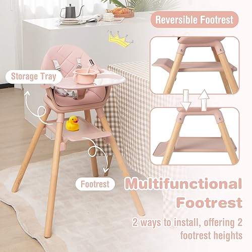 Miniatura 4 de BABY JOY Silla alta para bebé, silla alta convertible 6 en 1 de madera para bebés y niños pequeños con patas ajustables, doble bandeja extraíble,