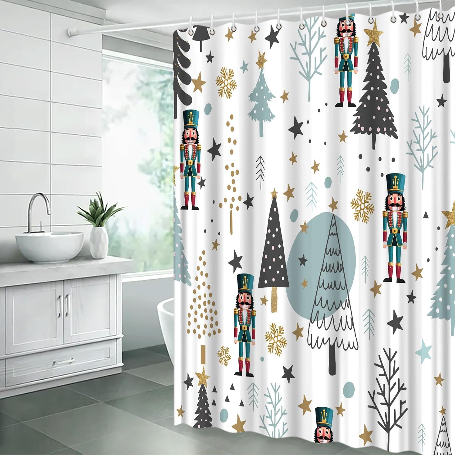 Christmas Extra Long Shower Curtain,Xmas Tree Nutcracker Decor for Bathroom,Winter Holiday Blue Black Fabric Curtain with Hooks,70x78 Inch