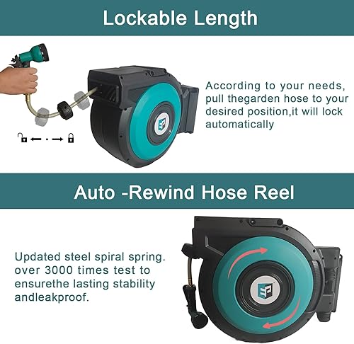 Miniatura 4 de EP Carrete de manguera de jardín retráctil, 12 pulgada x 100 pies, carretes de manguera de jardín resistentes montados en la pared, con boquilla