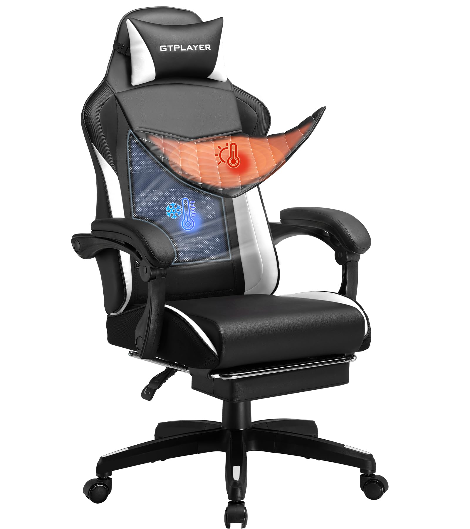 GTPLAYER Chaise Gaming, Chaise de Bureau Ergonomique Réglable en Hauteur, Utilisable en Hiver et en Été, avec Dossier Double, Repose-Pieds, Housse Amovible et Support Lombaire, Supporte 150 kg, Blanc