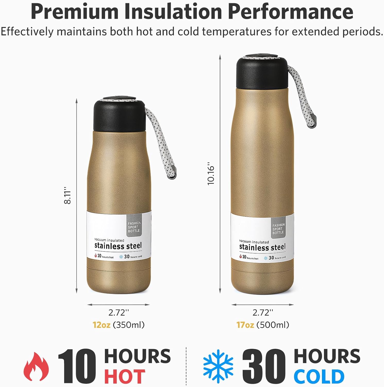 12 oz Insulated Water Bottle, Dusgut Wide Mouth Water Bottle,Stainless Steel,Wide Mouth Portable Lid, Gold - Image 3