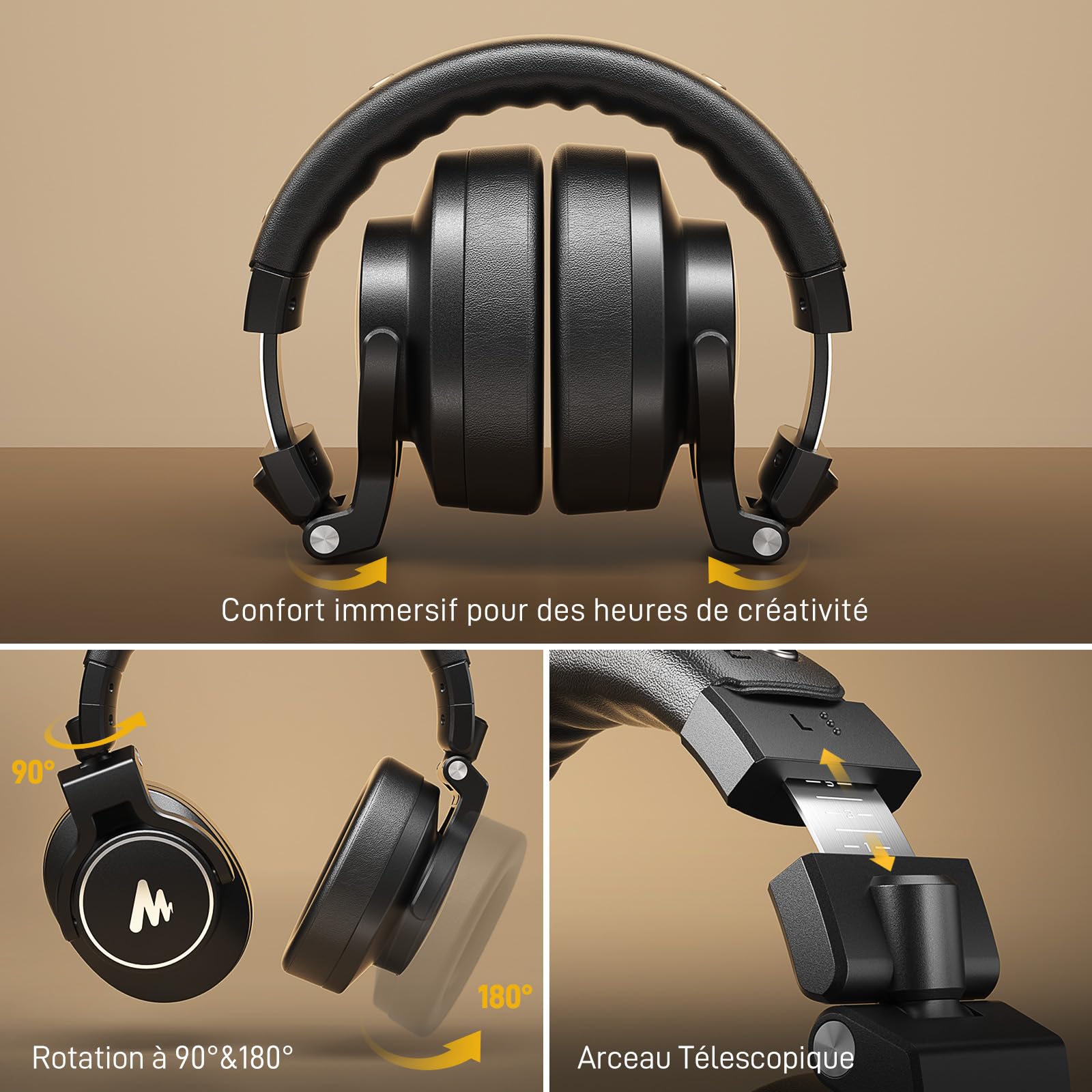 MAONO Casque Audio Filaire Professionnel de Studio avec Câble Détachable de 6,35 mm & 3,5 mm, pour Le Monitoring, Compatible avec Les Microphones, Téléphones, Ordinateurs, Pianos, MH700 Noir