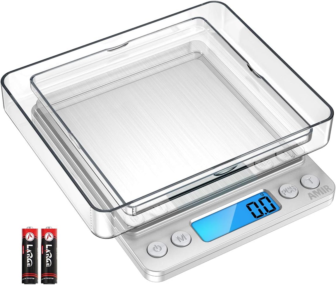 AMIR Digital Kitchen Scale, 3000g 0.01oz/0.1g Pocket Cooking Scale, Mini Food Scale, Pro Electronic Jewelry Scale with Back-Lit LCD Display, Tare & PCS Functions, Stainless Steel (Silver)