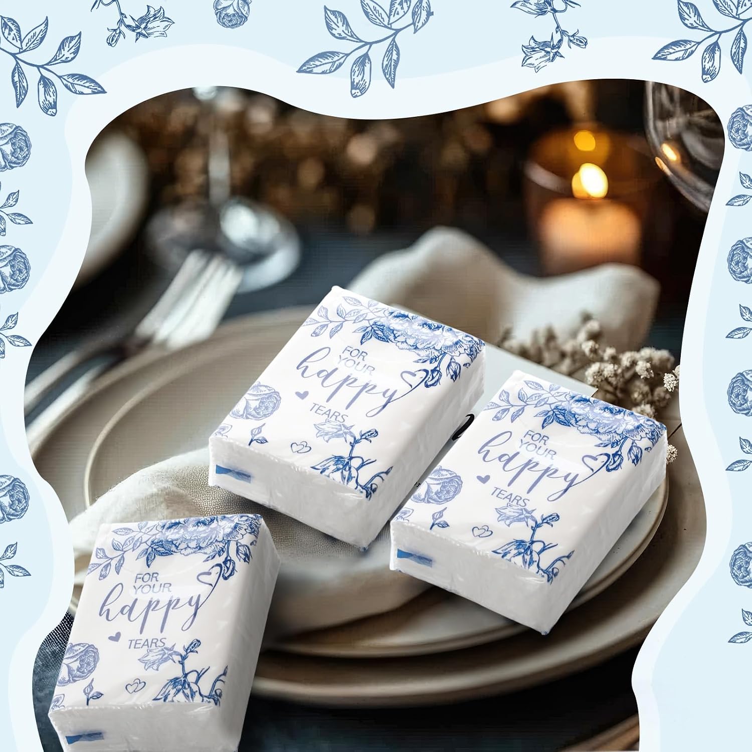 Spiareal 100 Pcs Happy Tears Tissues for Wedding Bulk 3 Ply for Your Happy Tears Wedding Tissues for Guests Pocket Paper 3000 Sheet Mini Travel Size for Bridal Shower Party Favor(Chinoiserie)