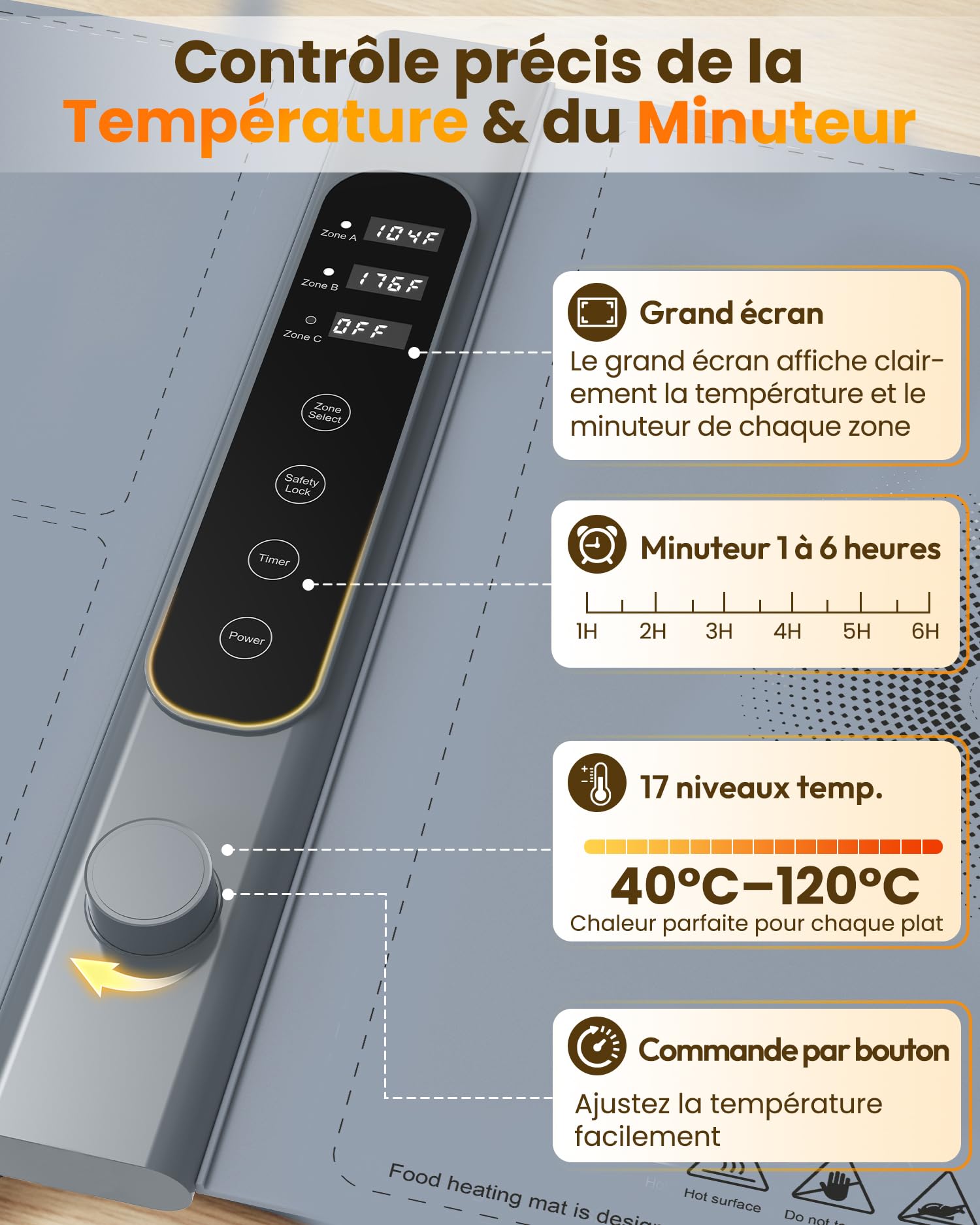 Chauffe Plat Électrique à 3 Zones Indépendantes 101×43 cm | Plaque Chauffante Électrique avec 17 températures minuterie 6h, Chauffe Assiette en Silicone Enroulable pour Buffets et Fêtes