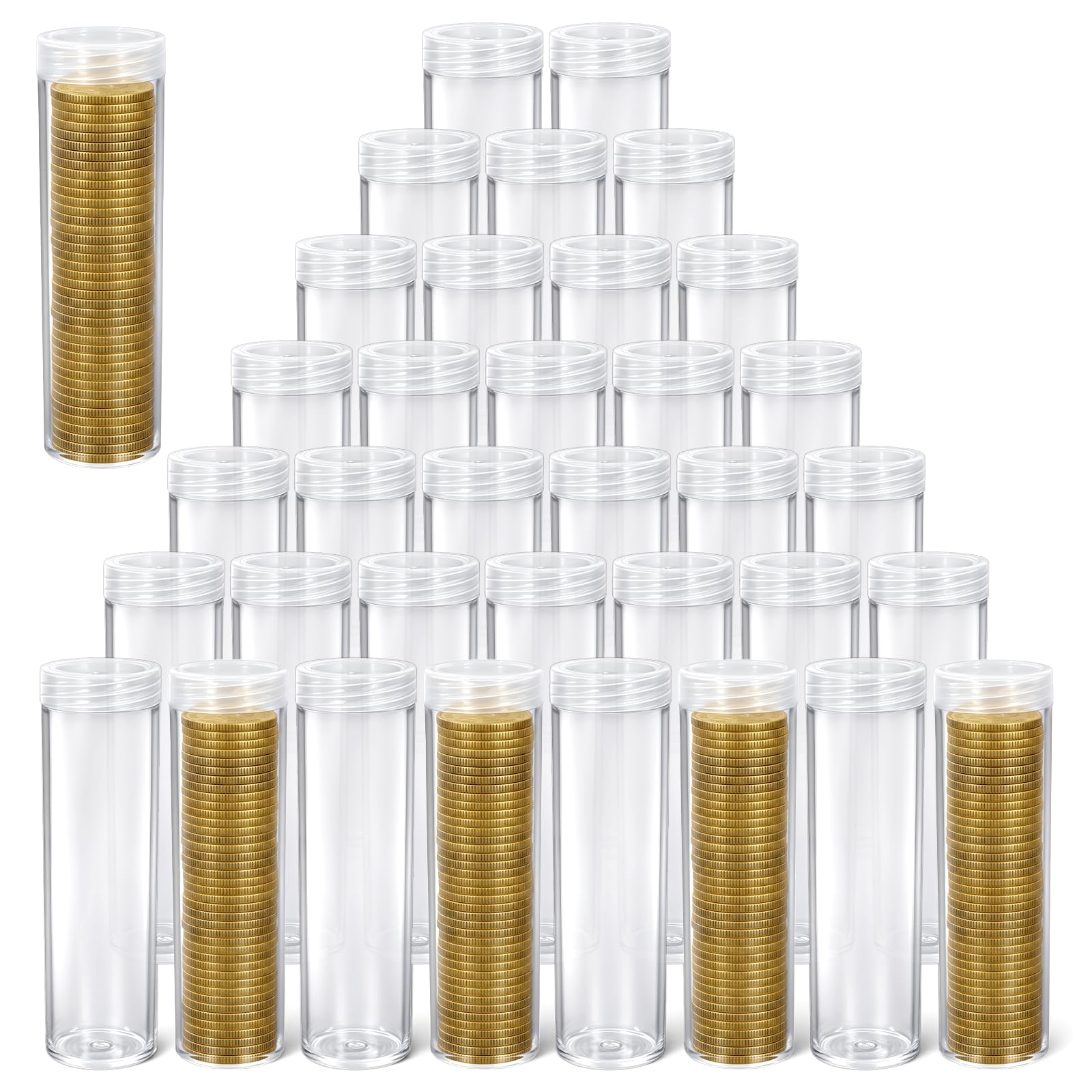 Photo 1 of **ONLY 15 PIECES**40 Pcs Coin Storage Tube, Plastic Round Clear Penny Holder, Coin Container with Screw Lid, for Coins Collection Supplies, Top Maximum Inner Diameter 22cm for Penny, Dime