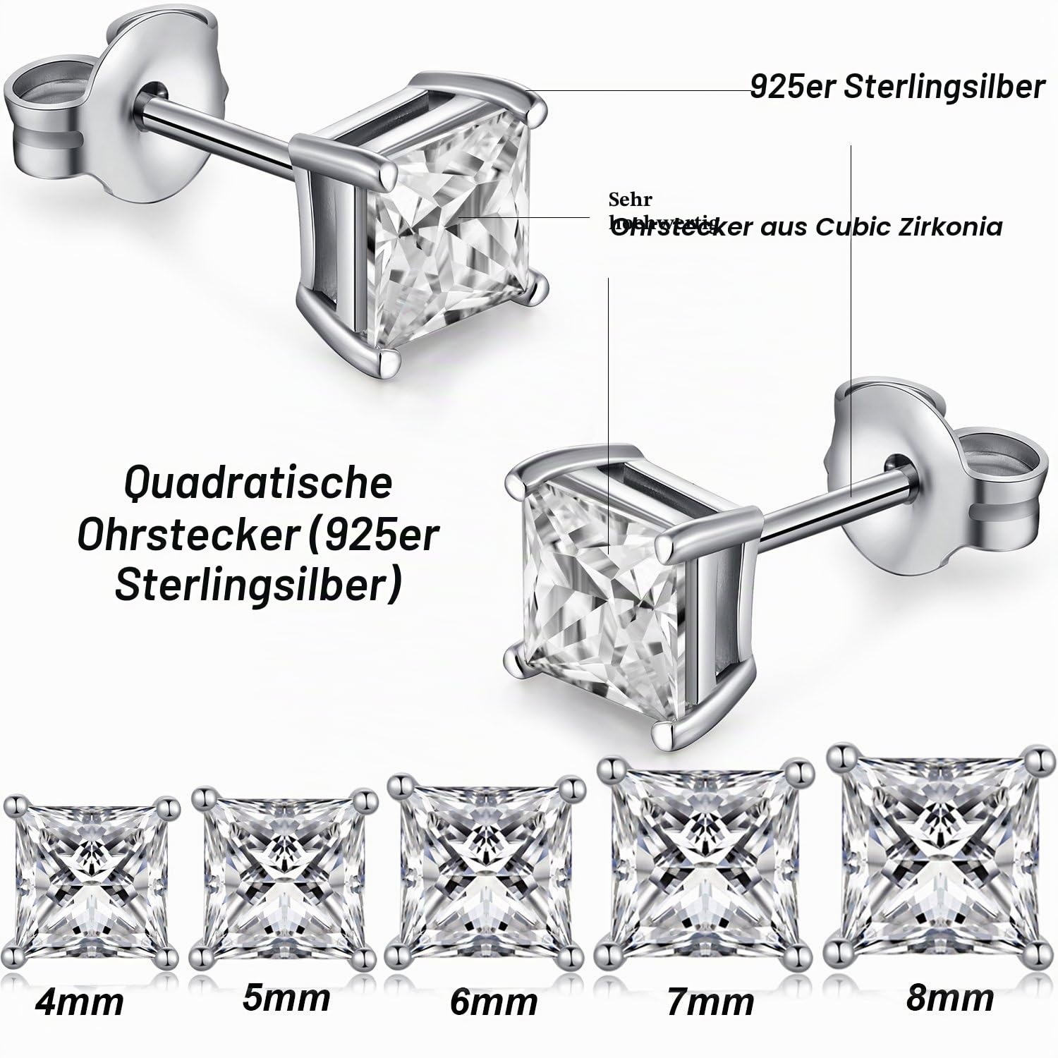 Ohrringe 18K Weißgold plattiert 925 Sterling Silber Rundschliff und Prinzessinnenschliff Zirkonia Ohrstecker I Swaro-vski Zirkonia Ohrringe Größe 3mm-8mm Feines Schmuck für Damen Herren