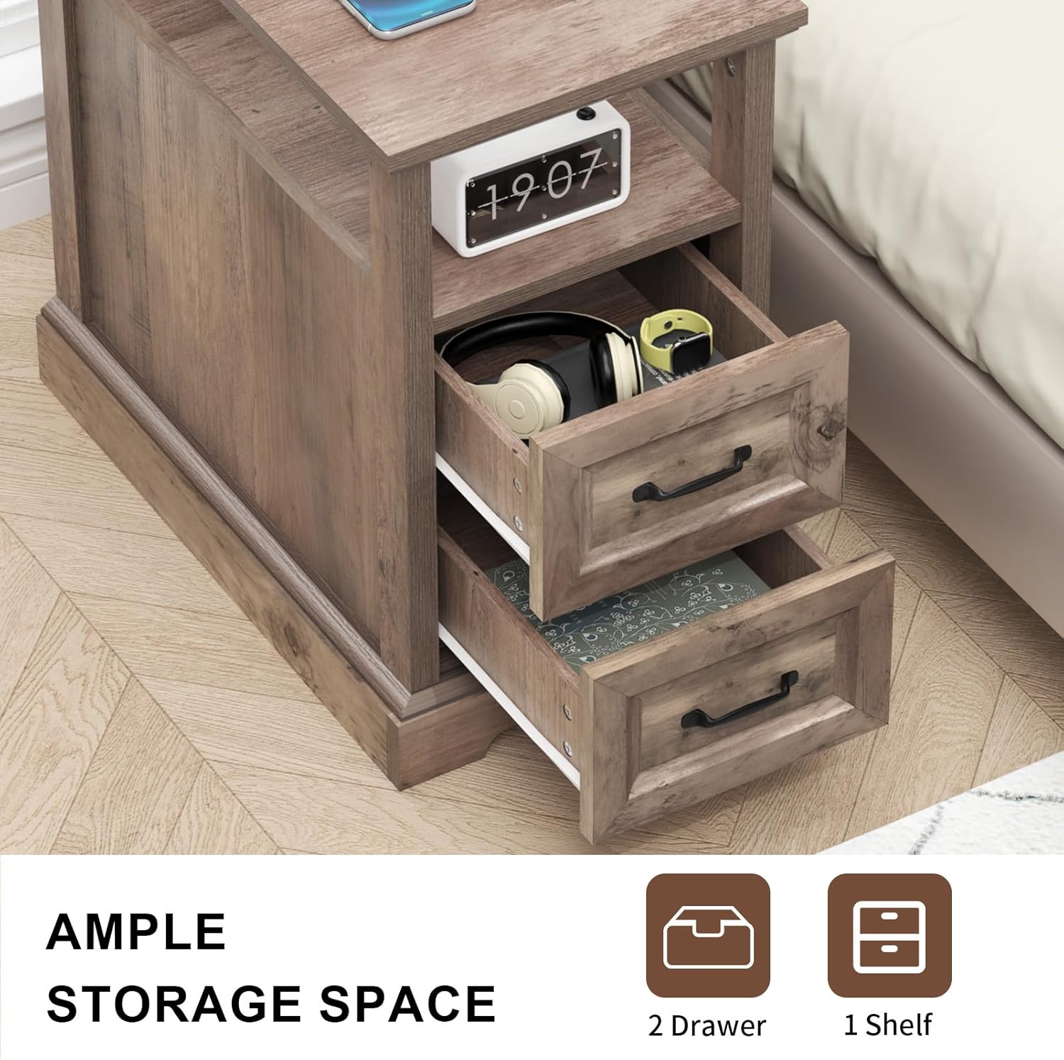 HOMMPA 23.6'' Farmhouse End Table with Charging Station Set of 2, Rustic Night Stand w/ 2 Drawers & Open Shelf, Wood Sofa Side Table Bedside Table for Living Room, Roman Column Design, Greige