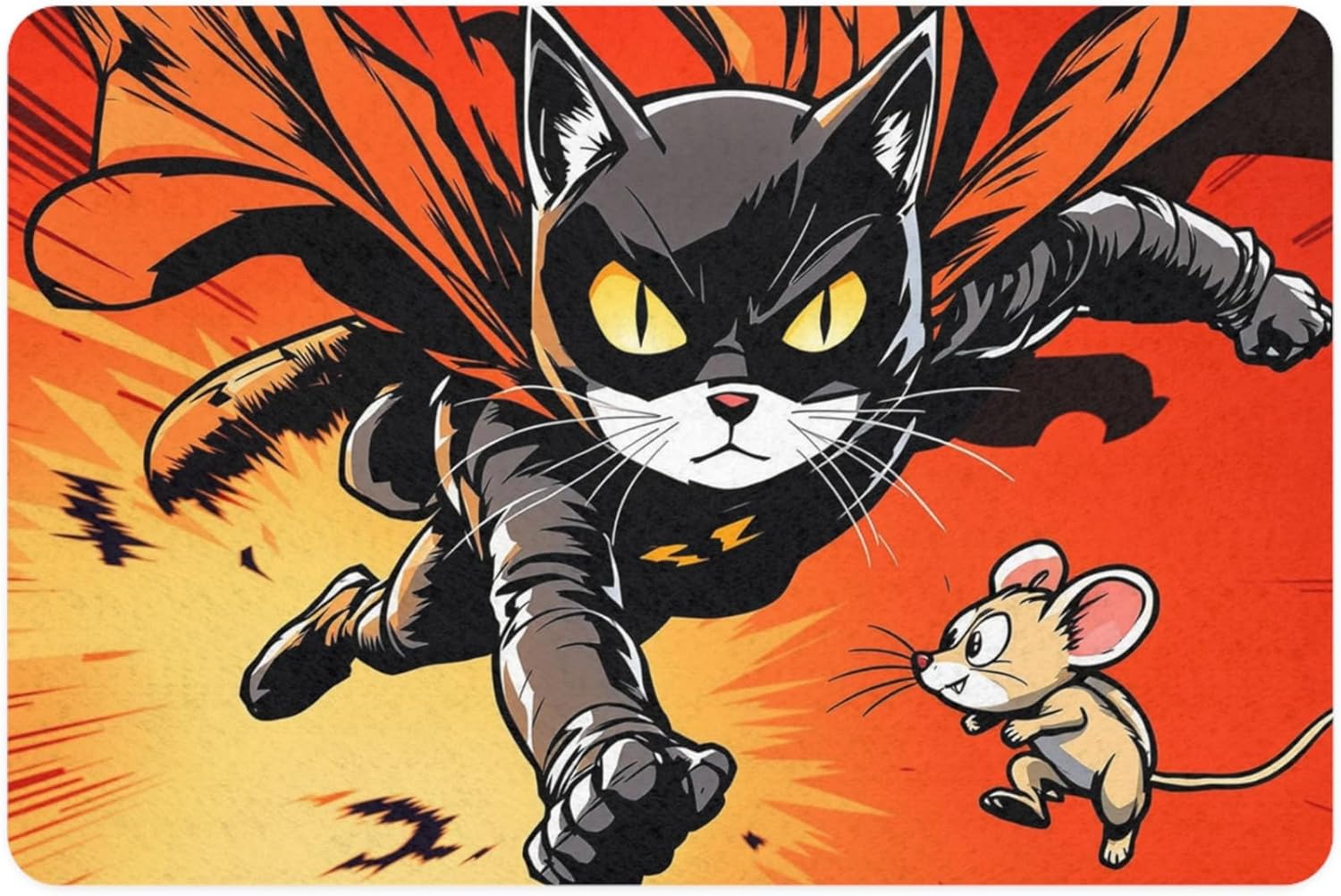 Superhero Cat with Mouse Pet Food Mat