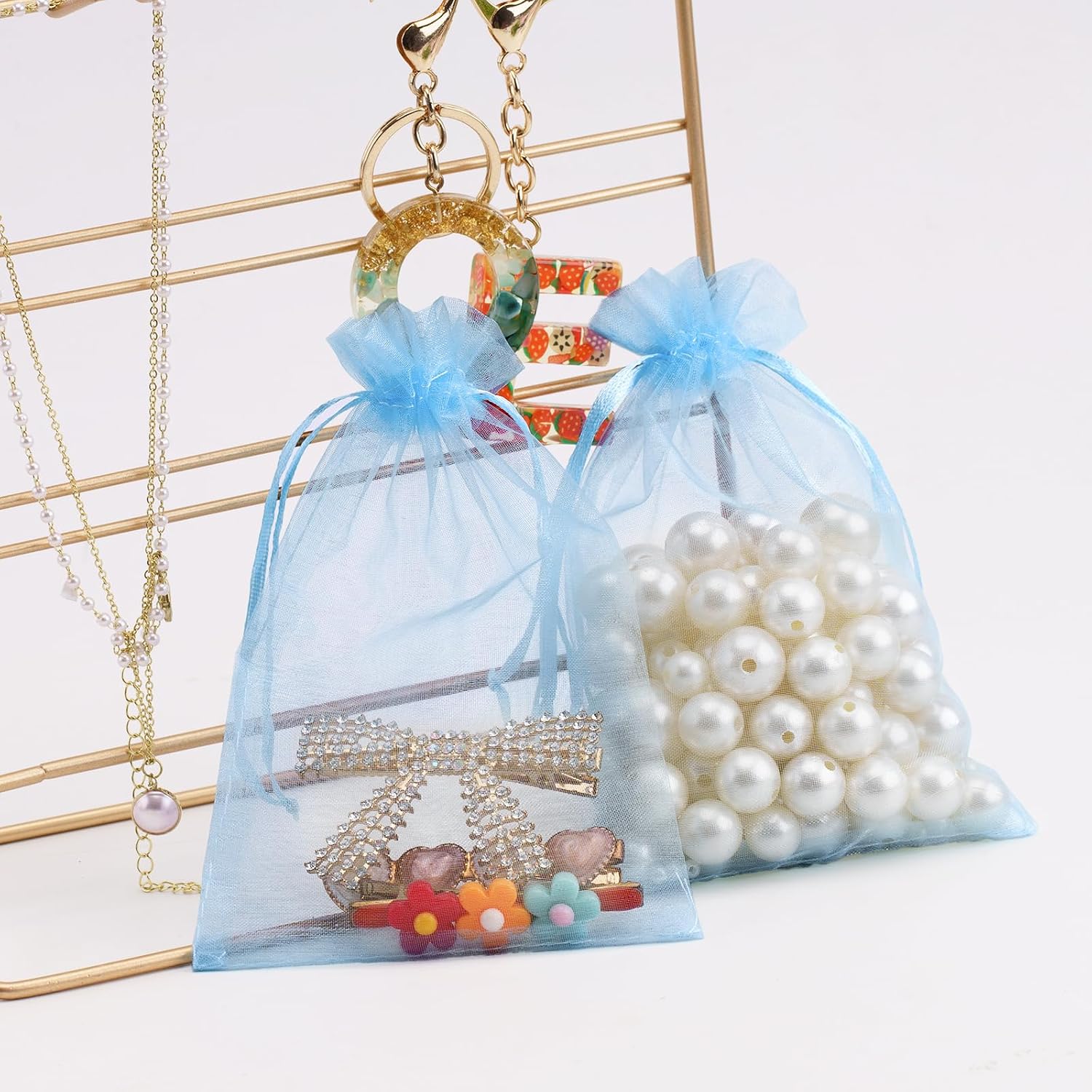joycraft 50Pcs Sheer Organza Bags with Drawstring,4x6 In Blue Mesh Gift Wrapping Bags, Jewelry Organza Pouch, Sheer Party Favor Bag for Wedding, Bridal Shower, Birthday, Baby Shower image 5