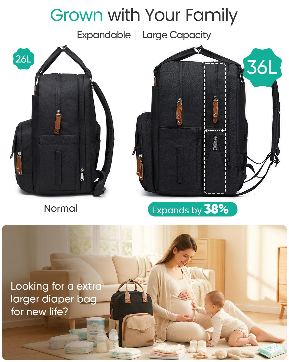 Qualyphant Grande borsa per pannolini per 2 bambini, 17-30 l, espandibile, impermeabile, design di facile accesso, nero, Large, Borsa per pannolini espandibile