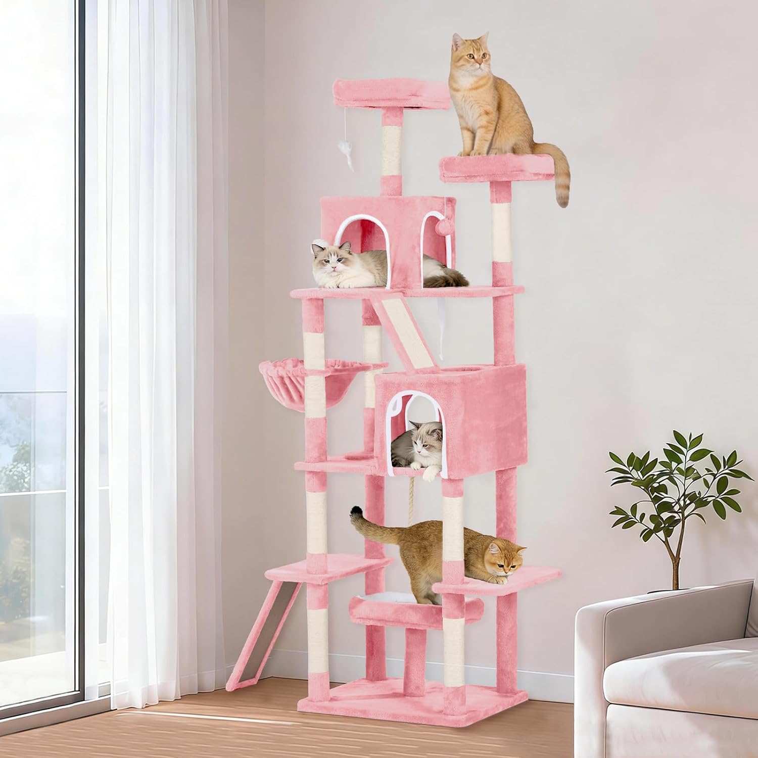 Multi-Level Cat Tree with 2 Cozy Condos, 89" Tall Cat Tower for Large Cats, Heavy Duty, Scratch Posts & Perches (Pink) image 2