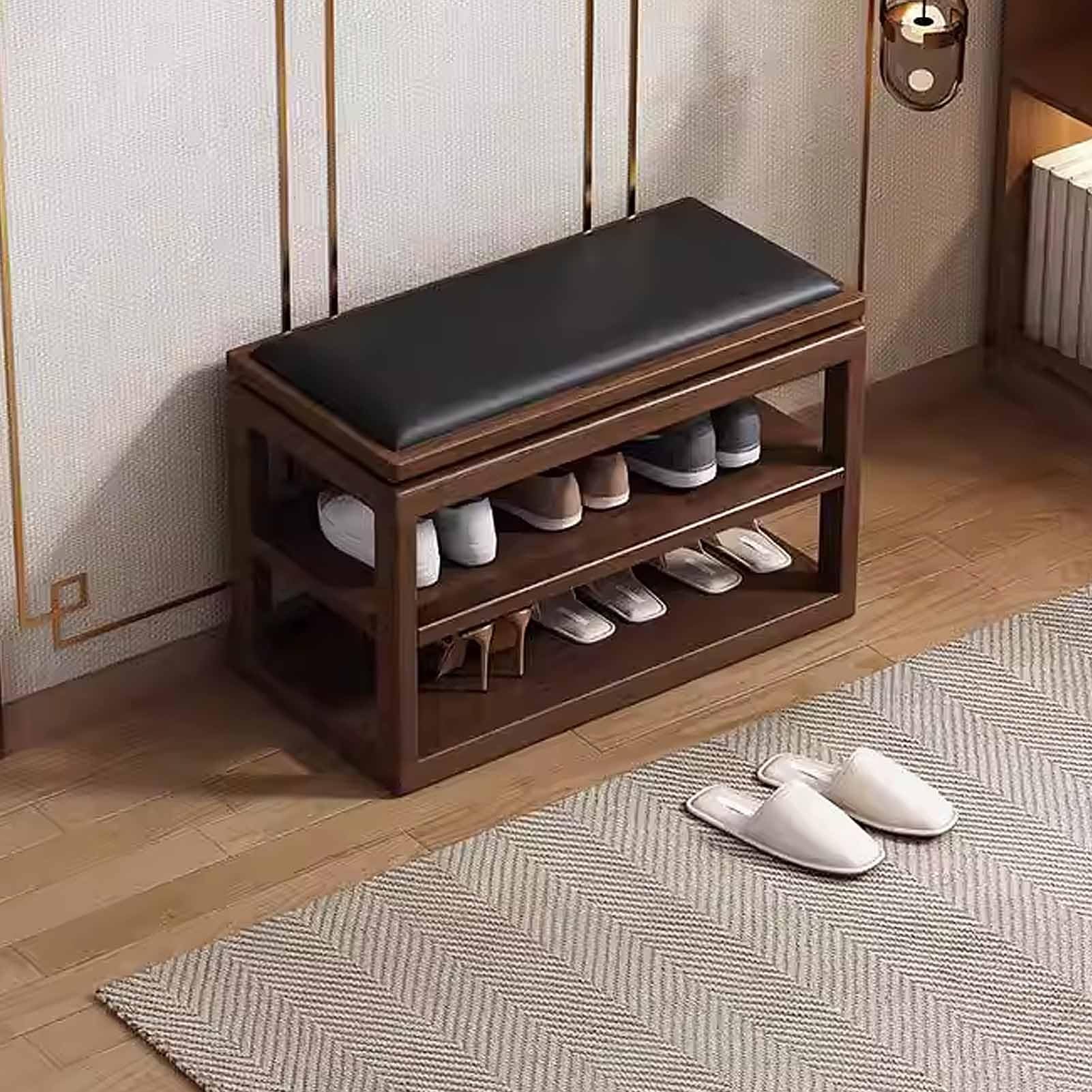 Banc à chaussures en bois de noyer 60 cm avec assise en similicuir