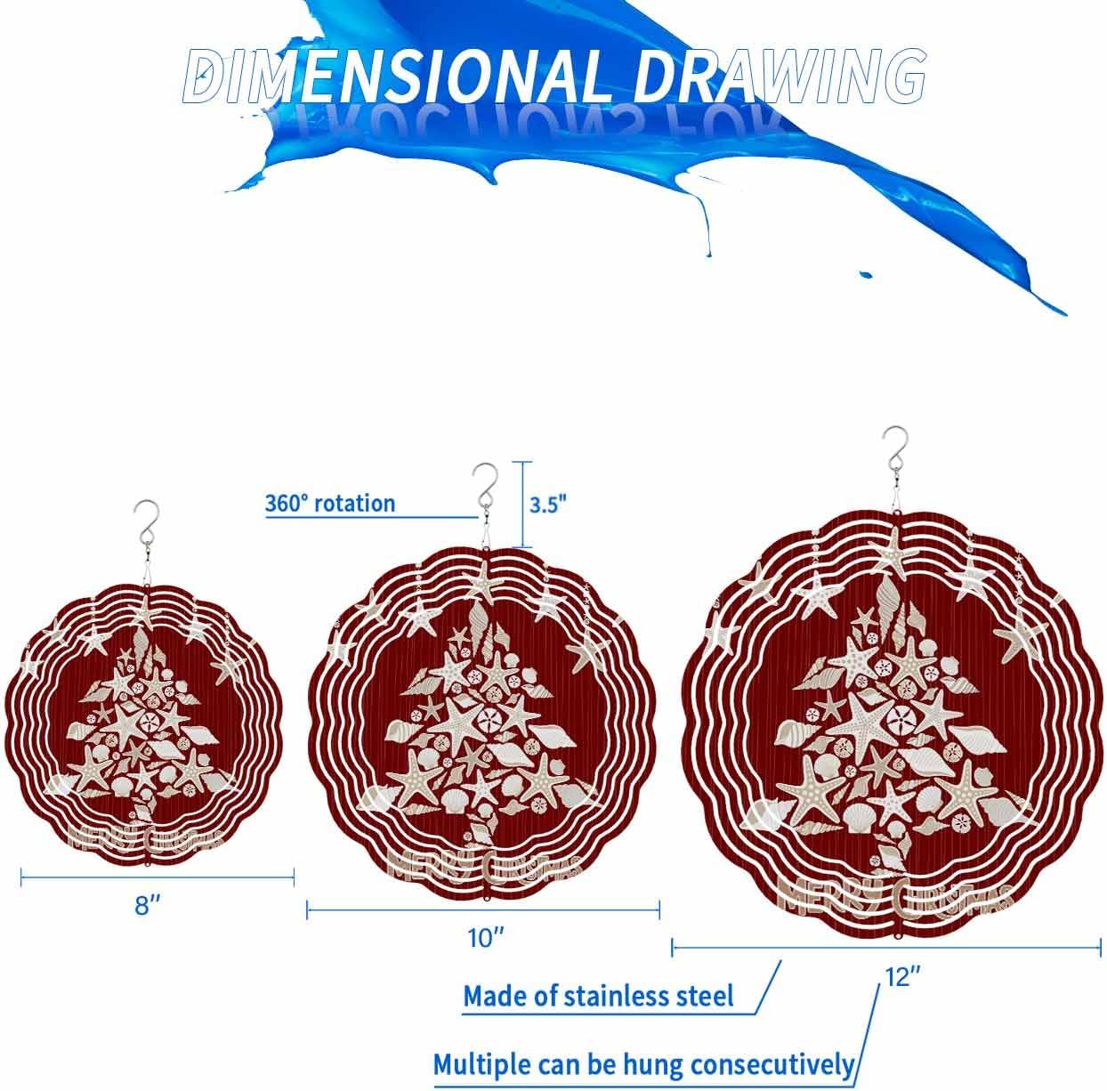 Christmas Wind Spinner 3D Stainless Steel, 12 Inch Double Sided Circle Hanging Wind Spinners, Xmas Tree Shell Starfish Red Geometric Stripes Garden Art Wind Sculpture for Yard Porch Front Door