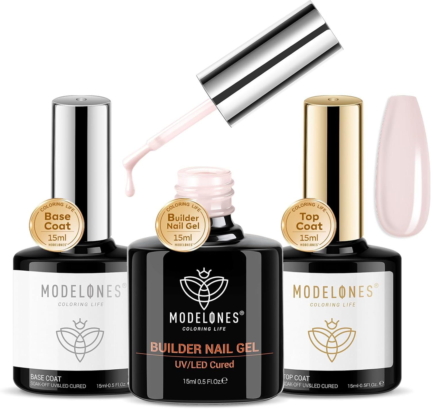 modelones Builder Gel Roze en Top Coat Gel UV en Base Coat Set