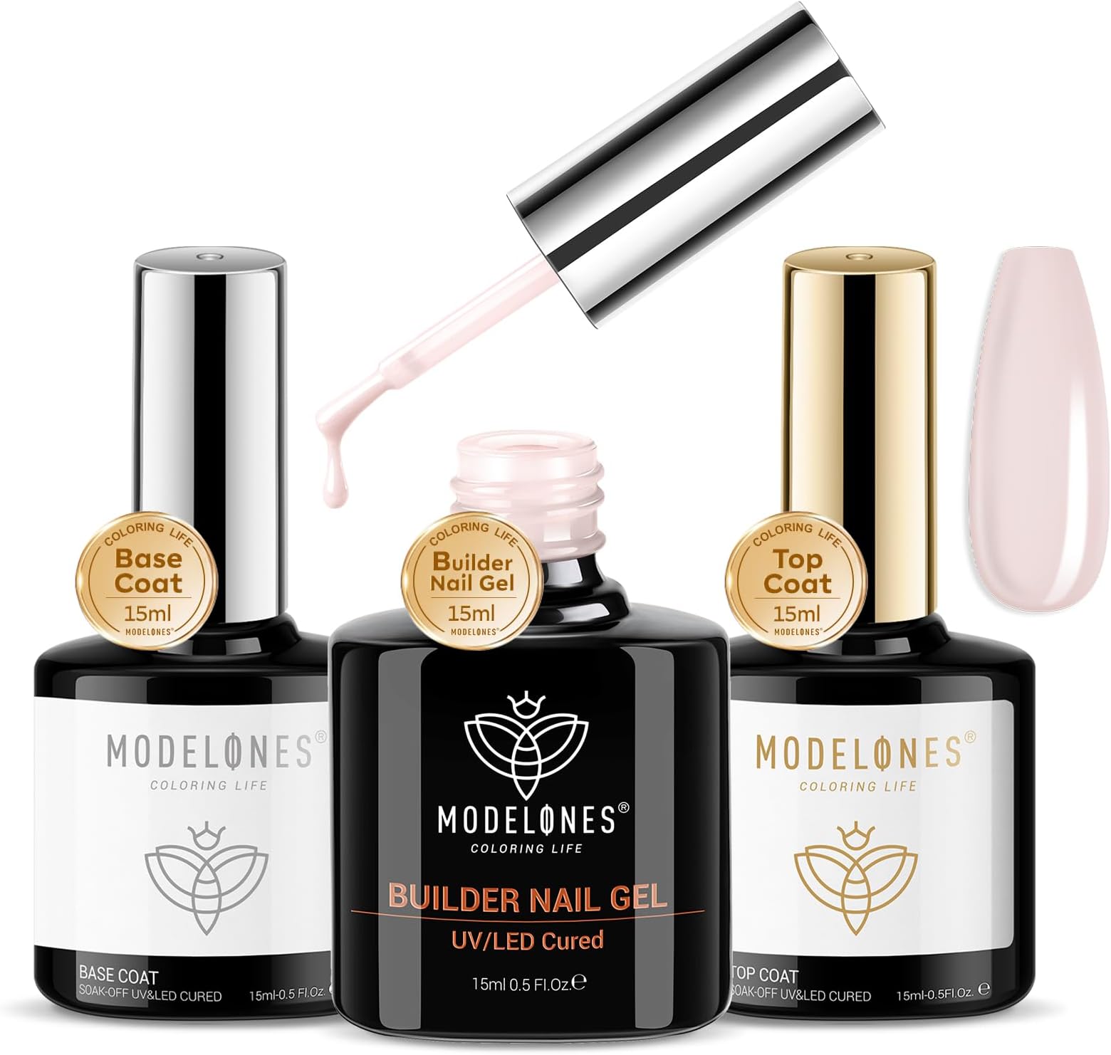Nude Pink Builder Gel with Base and Top Coat Set, 3Pcs No Wipe Top and Base Coat with Gel Builder for Nails, Hard Gel Nail Strengthener Extension Builder Gel in a Bottle