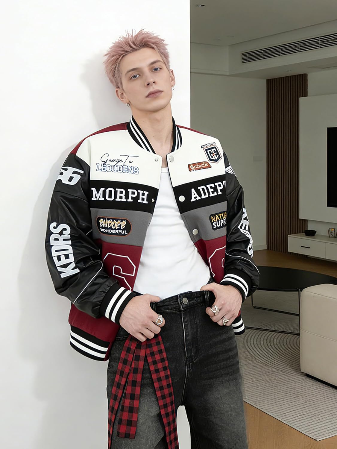 Racing Jacket Men's Bomber Jacket with Faux Leather Sleeves Baseball Style Varsity Jacket - Image 8