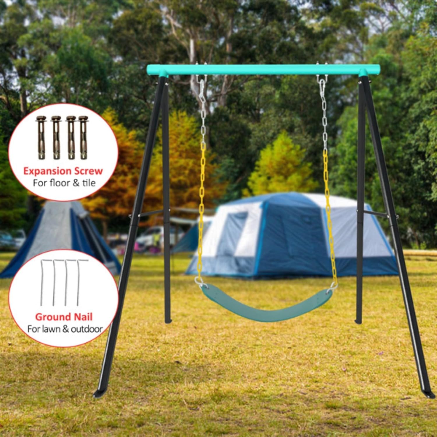 Porch Swing Set, Outdoor Swing, Heavy Duty A-Frame Swing Set, Pre-Drilled Holes, Easy Installation, 550-lb Weight Capacity, Backyard Outdoor Indoor, Teal and Black