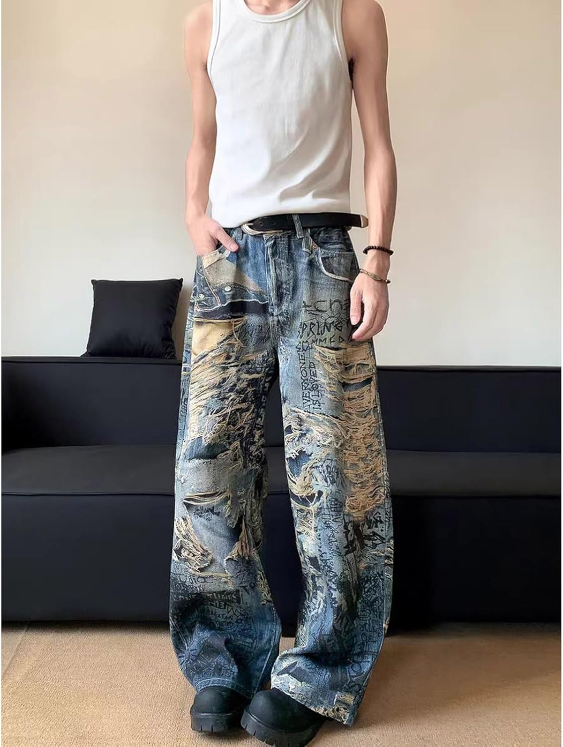 Gothic Straight Leg Casual Denim Pants Street wear Men's Hip-hop Loose Print Wide Leg Washed Pants